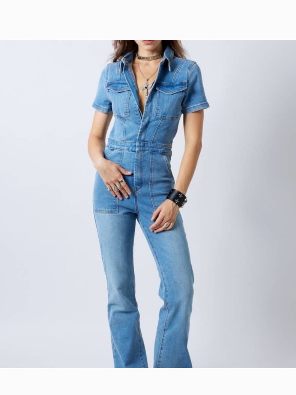 Signature 8 Light Blue Denim Jumpsuit Overalls - Women's Short Sleeve